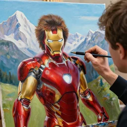 a closeup photorealistic photograph of bob ross producing a canvas painting of iron man. mountain scape. film still, vibrant colors. this 4 k hd image is trending on artstation, featured on behance, well - rendered, extra crisp, features intricate detail, epic composition and the style of unreal engine.