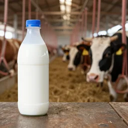 bottle of milk and a cow, inside slaughterhouse
