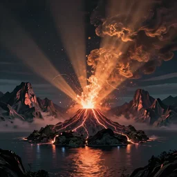 night fantasy landscape with abstract mountains and island on the water, explosive volcano with burning lava, neon light. dark futuristic natural scene with reflection of light in the water, cinematic view, detailed, high detail, warm lighting, volumetric, godrays, vivid, beautiful, trending on artstation, by jordan grimmer, huge scene, art greg rutkowski