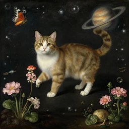 🐱 🦋 🪐 🌷 💫 🍄, concept art, ambrosius bosschaert the elder, oil on canvas, around the edges there are no objects