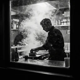 a black and white photograph in silhouette of a chef in a small smokey bar in san francisco grilling burgers taken through the window