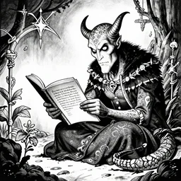 evil chronic magick reliant on festoon archon horticultural manual read by lizard peninsula mayor, b + w screentone artwork by gary larson