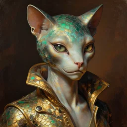 detailed portrait in femininity, alien, feline, realistic face sculpted features, clear eyes, statuesque model, opalescent skin, jacket with high collar, warm glow, bathed in light, chiaroscuro, shimmering scales, angular impressionism, radiant, deep rich tones, burnt umber and emerald color palette, painterly