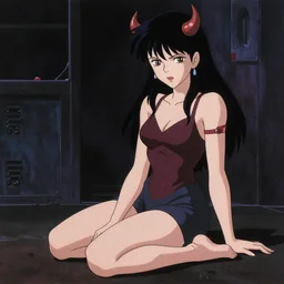 an awe inspiring 1980s japanese cyberpunk anime style illustration of an demon girl seated on the floor by masamune shirow and katsuhiro otomo, studio ghibli color scheme, dark, complex