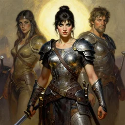 a portrait of a female warrior by Frank Frazetta and ross tran
