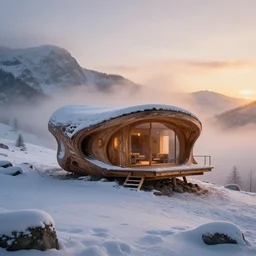 “Hyper realistic, wooden cabin in mountain covers by snow, sunset, Future design, architecture design, foggy, organic form, environment, Cinematography, mega scans, sloped site, cinematic, hyper realistic, photo real, cinematic composition, highly detailed, vray, 8k render”