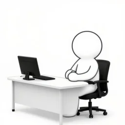 a stickerman sitting in a white empty office near his table, black and white, meme, meme template