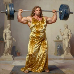 highly detailed oil painting of thick bodybuilder weightlifter zarya, glowing skin, gold ombre velvet gown, greek scene, beautiful face by leyendecker, dozens of jeweled necklaces, by greg rutkowski, brom, anato finnstark, alphonse mucha, cinematic lighting,