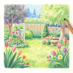 a Coloured pencil drawing of a beautiful garden