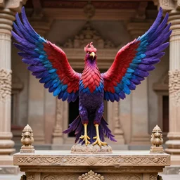 single centered phoenix bird rising up in the middle of a temple's altar, realistic, detailed, purple red blue colors,