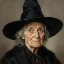 granny weatherwax, an old lady, a witch, with a sharp face and a piercing expression. she is dressed in a black witch hat. beautiful painting with highly detailed face by artgerm and greg rutkowski and alphonse mucha