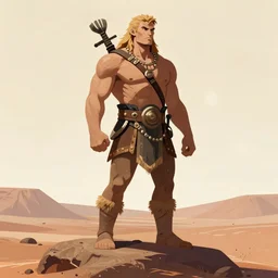 muscular human barbarian on mars, standing on boulder, science fiction pulp illustration, Alphonse Mucha