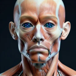 portrait of a biomechanical human, eyes replaced with an a array of sensors, muscle striation visible, 8k, color airbrush, by Simon Bisley