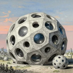 a vibrant metaverse of quantum geodesic domes and hyperbolic paraboloids made of concrete in the style buckminster fuller and drawn by gustave dore