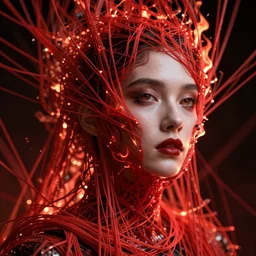 a highly detailed digital image, portrait of a beautiful futuristic woman being engulfed by fiery red threads, by Andrew Chiampo, artstation, and Frederik Heyman, extremely detailed woman, stunning volumetric lighting, hyper realism, fantasy 4k, 8k