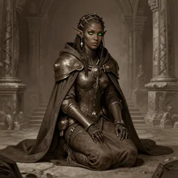 portrait of a steampunk geomancer in the stone palace, female, pretty, tech robes, cloak, dark skin, green eyes, elf, sitting on bent knees, high fantasy, detailed face, highly detailed, monochromatic brown, digital illustration, by rossdraws