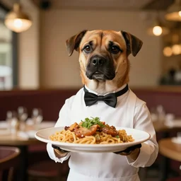 a dog - headed waiter holding a plate of food