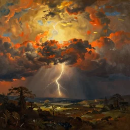 a beautiful painting of epic skycape with thunder clouds and storm over a moody landscape by albert bierstadt and joseph zbukvic, moody color scheme, high detail, trending on artstation, orange - 1, yellow - 1