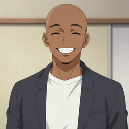 a bald black man smiling, anime footage, waifu dressing, trending on arstation