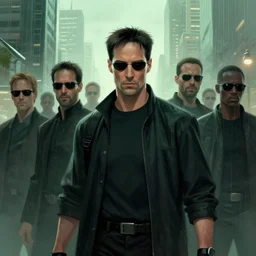 battle hardened, hero, surrounded by multiple agent smith characters from the matrix, face centered portrait, confident, modern cityscape, outdoors, architecture, fog, rain, volumetric lighting, illustration, perfectly shaded, greenish tinge, cold lights soft painting, art by krenz cushart and wenjun lin