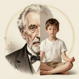 portrait splitted in half, left side wise old man, right side young boy, meditation, photorealistic, intricate, elegant, hamingway.