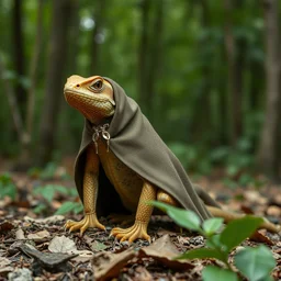 medieval cloak wearing lizard, photograph captured in the woods
