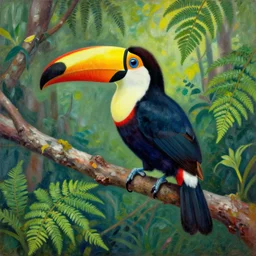 a colorful toucan bird on a tree by henri rousseau in style of pablo picasso, fern forest, 4 k, hyper detailed, acid pixie