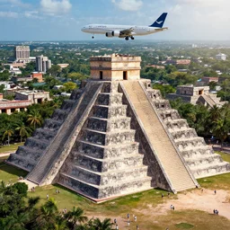 remarkable airplane view of the cyberpunk mayan city of chichen-itza in yucatan which once held a million cultivated people and was graced by a huge sacred digital temple