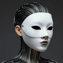 ultra detailed woman wearing a white mask with black wires on her head, featured on pinterest, net art, made of wire, 1 0 mm lens, elegant, ultra detailed, hyper realistic vfx simulation, unreal engine, volumetric lighting, 8 k post - production