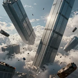 pieces of giant skyscrapers falling mid air with debris and destruction falling from sky, mid air, with debris flying around