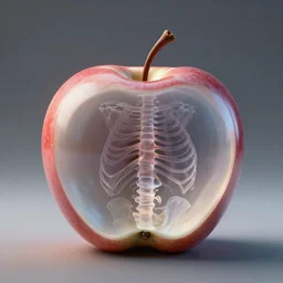 photorealistic render of an x - ray of an apple with a skeletal structure on the inside