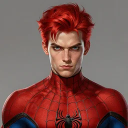 portrait of a young spiderman handsome, male, masculine, upper body, red hair,, d & d, fantasy, fierce, sharp features, intricate, elegant, highly detailed, digital painting, artstation, concept art, matte, sharp focus, illustration, art by artgerm and greg rutkowski and alphonse mucha