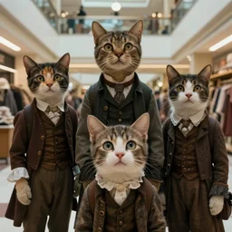 sharp, highly detailed, film from a 2 0 1 9 sci fi 8 k movie, a family of four cat people from an alternate 1 8 6 0 travel in time to our 2 0 1 9, suddenly appearing in a shopping mall, looking confused, family wearing 1 8 6 0 s clothes, atmospheric lighting, in focus, reflective eyes, 3 5 mm macro lens, live action, nice composition