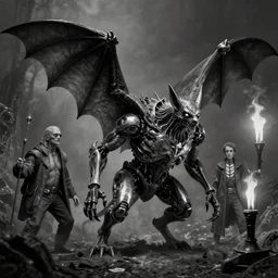 b & w inks of 4 character, cyborg animal | bat | medical chromed, dystopian, by wayne d barlowe, h r giger, enric torres, hyper realism, narrative light, muted colors, epic, hyper detailed, awe inspiring, award winning horror, torch lighting, hyper realism, cinematical