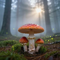 macro shot, misty pine forest floor, mystical, amanita mushrooms mushrooms dripping with mist, firefly's swarming, sun shining through the tree canopy, dreamy colors, photorealistic, landscape photography, beautiful, 4 k, trending on artstation, serene, bliss