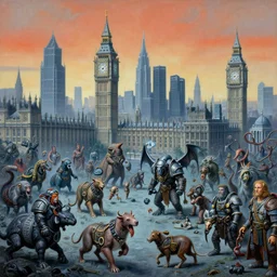 full painting of a london city full of genetically modified animals, zdzislaw beksinski, lewis jones, dariusz zawadzki, wayne barlow, warhammer fantasy, cold hue's, warm tone gradient background, concept art, 4 k, ultra - high - definition