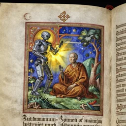 intricately detailed illuminated medieval manuscript with illuminated initial of robot monk