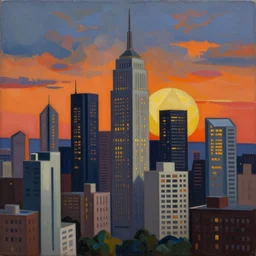 inner city skyline at sunset by jeffrey smith, cubism, contrast colour, 3 d depth, oil on canvas, trending art station, masterpiece