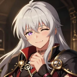 kratos as a character in a visuel novel about dating gods, anime key art, kawaii, blushing, smiling