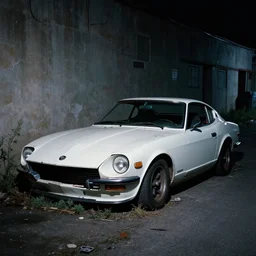 decaying white 350z roadster abandoned in alley night time decrepit shot from bladeruner 2049 soft lighting dark shadows beautiful 105mm camera Ryan Church