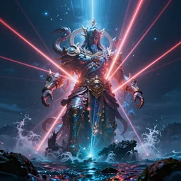 colossal shaman god destroying very living thing in the ocean, made of lasers, cast across the night sky, 8 k, ultra realistic, lens flare, atmosphere, glow, detailed, intricate, full of colour, cinematic lighting, trending on artstation, 4 k, hyperrealistic, focused, extreme details, unreal engine 5, cinematic, masterpiece