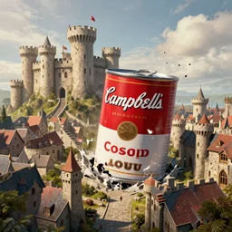 A Campbell soup can right in the middle of a Medieval city, Soup can crashed into a castle rendered by Beeple, environment concept, digital art, unreal engine, 3 point perspective, trending on artstation, low level, 4K UHD image, octane render,