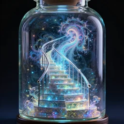 magical staircase in a glass bottle, stunning, beautiful, breathtaking, reflections, bioluminescence, fantasy, hyper - realistic, unreal engine, pattern, fractal