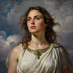 Head and shoulders masterpiece portrait oil painting of the beautiful goddess Gal Gadot as Persephone, she is wearing roman clothes and a surreal jewelry, her hair is natural disheveled, she is approaching heaven over the clouds, naturalism, dramatic lighting, high-detailed oil painting by Ilya Repin, Michelangelo da Caravaggio, William Blake, Alex Grey and Beksinski, trending on Artsation, hystorical painting, naturalism, masterpiece, 4k, 8k,