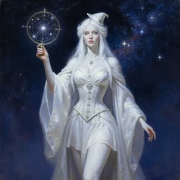 painting of alluring astromancer woman in the starry sky, beautiful face, white skin, long robes and short skirt, corset, small hat, astronomy, high fantasy, dnd, sharp focus, award - winning, masterpiece, extremely detailed, intricate. art by rebecca guay
