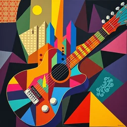 guitar, notes, rainbow geometric architectures blend with organic shapes, abstract expressionism, essence of street forms, geometric structures and multicolored prints in style of sonia delaunay, high detail, symmetry, poster