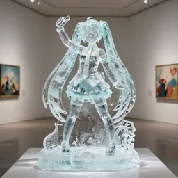 an ice sculpture of Hatsune Miku in an art gallery, 4K photo