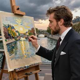 mcgregor is dressed as a gentleman at early 2 0 th century paris. he is watching an easel. that easel has a canvas on it. ewan mcgregor has a brush on his hand. he is painting a painting. realistic painting with strong outlines. background has river seine, morning sun, dark clouds, by jack kirby