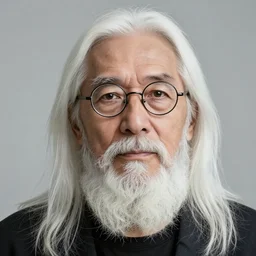 man in his 5 0 s with long white hair, a white chin beard without mustache and small thin - frame round glasses