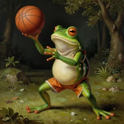anthropomorphic frog playing basketball, style of hieronoymus bosch, painting, ultra realistic, 4 k, artstation, extreme detail